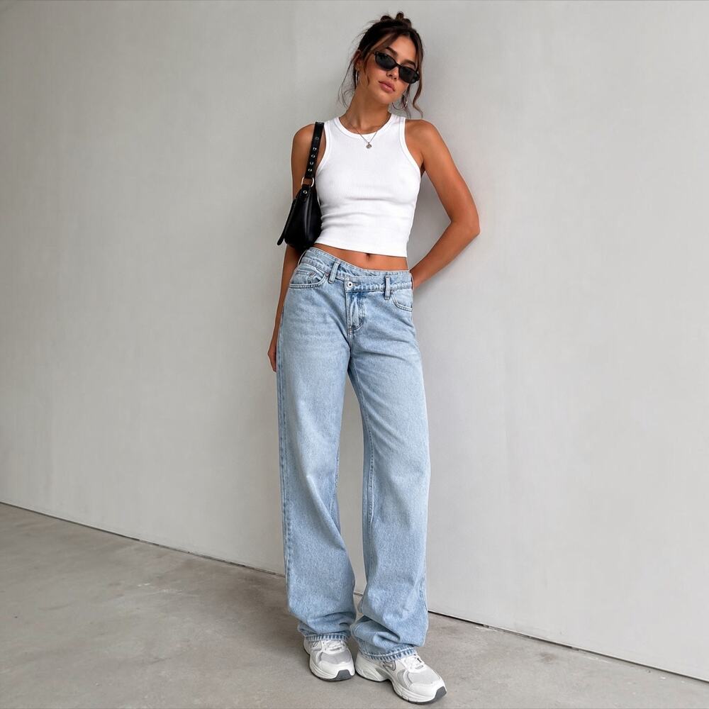 Abercrombie & Fitch Baggy Low Rise Curve Love Crossover Waist Light Wash Jeans